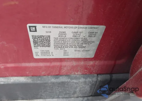 2020 Chevrolet Equinox Awd Premier 1.5L Turbo z USA, uszkodzony, nr VIN 2GNAXXEV0L6176692